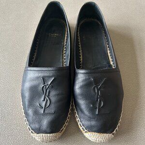 Saint Laurent Logo Espadrille Flats in Black Lambskin Leather